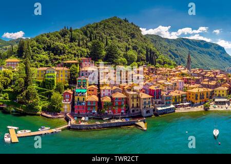 Aerial view of Varena old town on Lake Como with the mountains in the background, Italy, Europe. Stock Photo