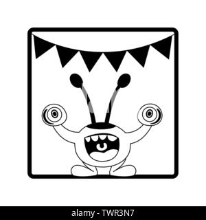 square frame of monster with bulging eyes and garlands party vector illustration Stock Vector