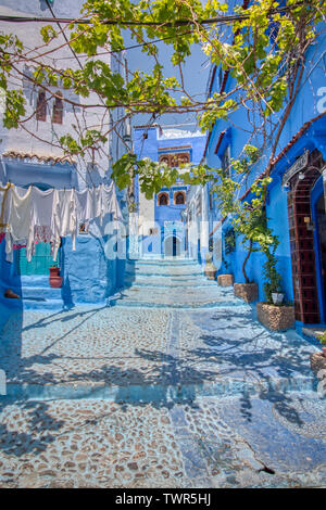 Nice traditional street of the old center of the touristic city of Chauoen, in the north of Morocco Stock Photo