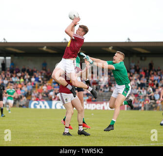 TEG Cusack Park, Westmeath, Ireland. 22nd June, 2019. GAA Football All-Ireland Senior Championship Westmeath v Limerick; John Heslin catches a high ball for Westmeath Credit: Action Plus Sports/Alamy Live News Stock Photo