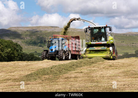 Farmers take advantage of a day of dry Summer weather to cut hay meadows and collect the grass for silage-making, Austwick, North Yorkshire. Stock Photo