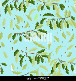 Oak branches with leaf and acorn seamless pattern with light blue sky background Stock Vector