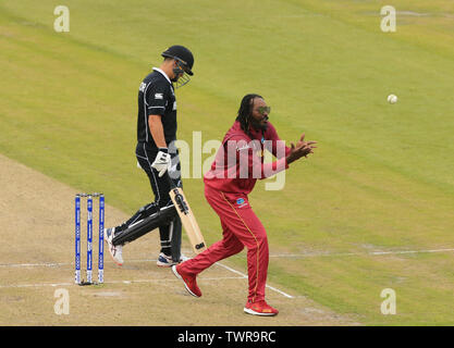 MANCHESTER, ENGLAND. 22 JUNE 2019: Chris Gayle of West Indies during the West Indies v New Zealand, ICC Cricket World Cup match, at Old Trafford, Manchester, England. Stock Photo