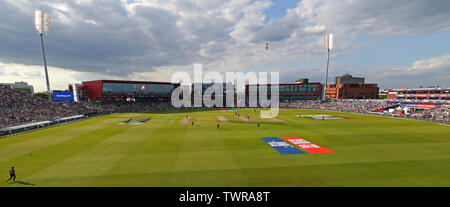 MANCHESTER, ENGLAND. 22 JUNE 2019: A general view during the West Indies v New Zealand, ICC Cricket World Cup match, at Old Trafford, Manchester, England. Stock Photo