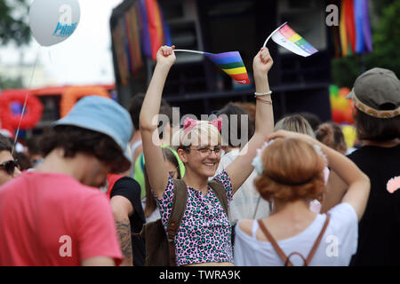 Bucharest, Romania. 22nd June, 2019. People attend the Pride Parade in downtown Bucharest, capital of Romania, on June 22, 2019. About 10,000 people participated in the annual event on Saturday. Credit: Gabriel Petrescu/Xinhua/Alamy Live News Stock Photo