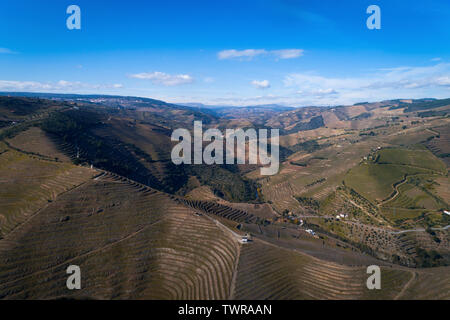 Aerial view of the terraced vineyards in the Douro Valley near the village of Pinhao, Portugal; Concept for travel in Portugal and most beautiful plac Stock Photo