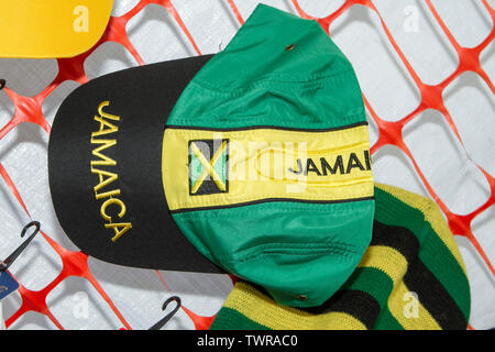 Jamaica Jamaican merchandise for sale on stall at the Africa Oye music festival in Liverpool, Merseyside, UK Stock Photo