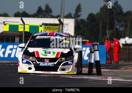 Dalton on Tees, England, 15 June 2019. Matt Simpson driving a Honda Civic Type R for Simpson Racing during free practice for the Kwik Fit British Touring Car Championship at Croft Racing Circuit. Stock Photo