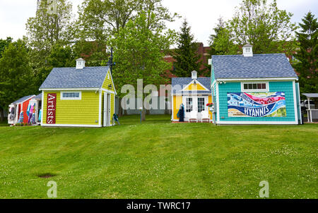 Upper Loop local artist shanties with Welcome to Hyannis banner in Hyannis, Massachusetts on Cape Cod Stock Photo