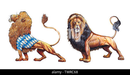 Lion hand painted. 2 Lions illustrations. Big cat acrylic illustration. Stock Photo