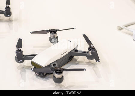 Berlin, Germany, August 29, 2018 DJI Drone Spark, unmanned aerial vehicles UAV photography, videography, DJI exhibition, Global Innovations Show IFA Stock Photo
