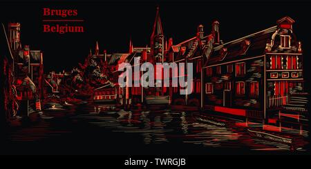 View on Rozenhoedkaai water canal in Bruges, Belgium. Landmark of Belgium. Vector hand drawing illustration in red color isolated on black background. Stock Vector