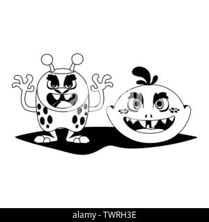 funny monsters couple comic characters monochrome vector illustration design Stock Vector