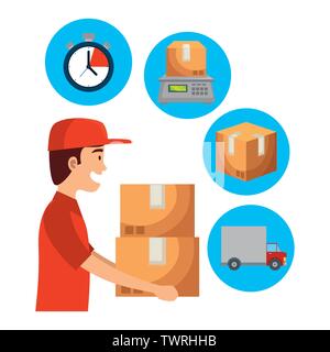 worker of delivery service lifting boxes and set icons Stock Vector
