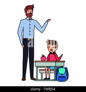 student boy seated in school desk with male teacher Stock Vector