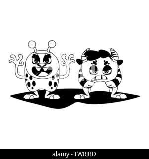 funny monsters couple comic characters monochrome vector illustration design Stock Vector