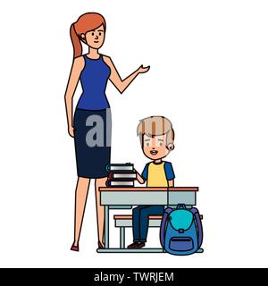 student boy seated in school desk with female teacher Stock Vector