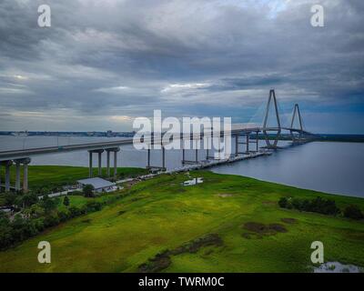 The Arthur Ravenel Jr. Bridge in Charleston North Carolina Taken From a Drone on a Cloudy Day Stock Photo