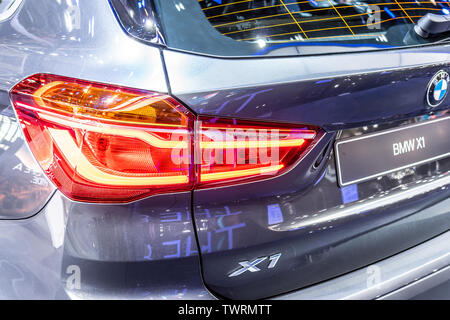 Paris, France, Oct 03, 2018 metallic blue BMW X1 at Mondial Paris Motor Show, 2nd gen, F48, subcompact luxury SUV manufactured and marketed by BMW Stock Photo