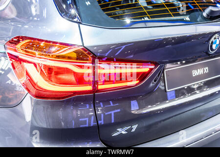 Paris, France, Oct 03, 2018 metallic blue BMW X1 at Mondial Paris Motor Show, 2nd gen, F48, subcompact luxury SUV manufactured and marketed by BMW Stock Photo