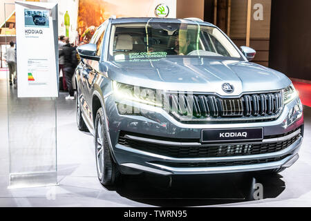 Paris, France, October 03, 2018: metallic graphite Skoda KODIAQ at Mondial Paris Motor Show, produced by Czech automobile manufacturer Skoda Auto Stock Photo