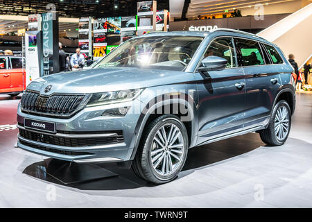 Paris, France, October 03, 2018: metallic graphite Skoda KODIAQ at Mondial Paris Motor Show, produced by Czech automobile manufacturer Skoda Auto Stock Photo