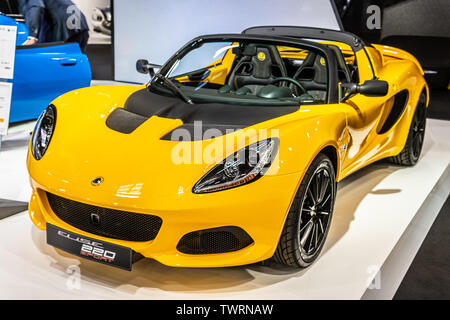 Paris, France, Oct 02, 2018 yellow Lotus Elise Sport 220, Mondial Paris Motor Show, two-seat, mid-engined roadster produced by Lotus Cars Stock Photo