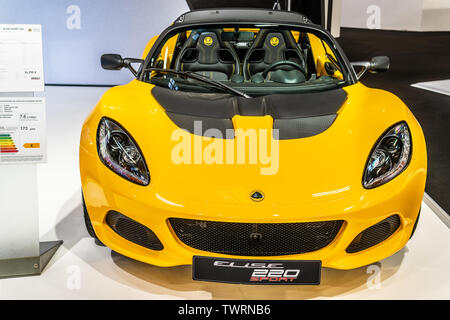 Paris, France, Oct 02, 2018 yellow Lotus Elise Sport 220, Mondial Paris Motor Show, two-seat, mid-engined roadster produced by Lotus Cars Stock Photo