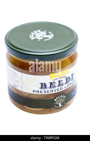 Jar of thin skinned Beldi preserved lemons in brine 350g Stock Photo
