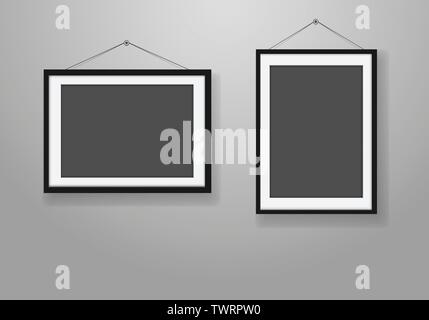 Black frame blank set hang on grey wall vector illustration. Stock Vector