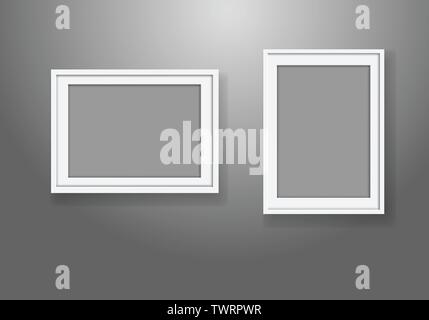 White frame blank set hang on grey wall light vector illustration. Stock Vector