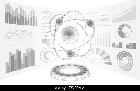 Virtual reality science research concept. HUD display work on project augmented reality. 3D atom particle physics data analysis digital device. Online Stock Vector