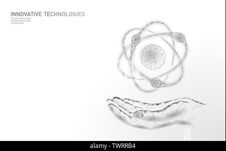 Atom particle sign in hands world map. Nuclear military weapons global danger. Atomic power defence country security. Nuke arm international violence Stock Vector