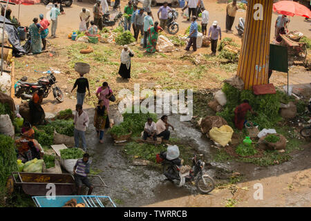 Bangalore, India - 4th June 2019 : Aerial view of Busy people at KR Market also known as City Market, It is the largest wholesale market dealing with Stock Photo