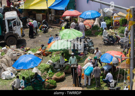 Bangalore, India - 4th June 2019 : Aerial view of Busy people at KR Market also known as City Market, It is the largest wholesale market dealing with Stock Photo