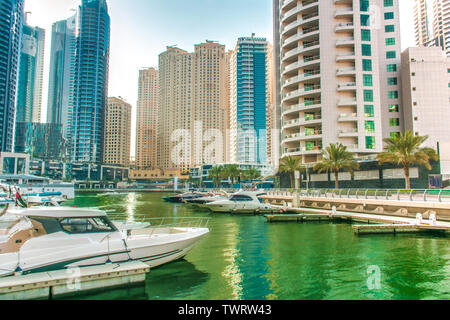 Dubai Marina Lake view with yacht best place to spend holidays in Middle east Stock Photo