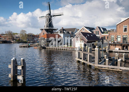 HAARLEM, NETHERLANDS - APRIL 13, 2019: Old windmill in the city center of Haarlem on April 13, 2019 in the Netherlands Stock Photo