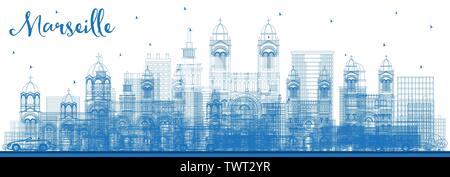 Outline Marseille France City Skyline with Blue Buildings. Vector Illustration. Business Travel and Tourism Concept with Historic Architecture. Stock Vector