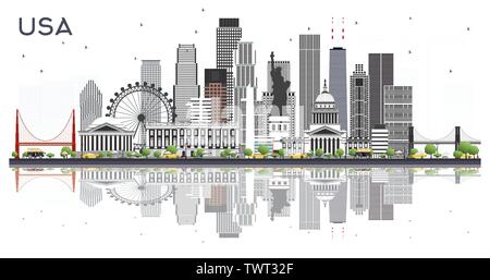USA City Skyline with Gray Buildings and Reflections Isolated on White. Vector Illustration. Business Travel and Tourism Concept. Stock Vector