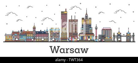 Outline Warsaw Poland City Skyline with Color Buildings Isolated on White. Vector Illustration. Warsaw Cityscape with Landmarks. Stock Vector