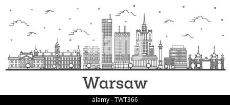 Outline Warsaw Poland City Skyline with Modern Buildings Isolated on White. Vector Illustration. Warsaw Cityscape with Landmarks. Stock Vector