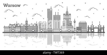 Outline Warsaw Poland City Skyline with Modern Buildings and Reflections Isolated on White. Vector Illustration. Warsaw Cityscape with Landmarks. Stock Vector