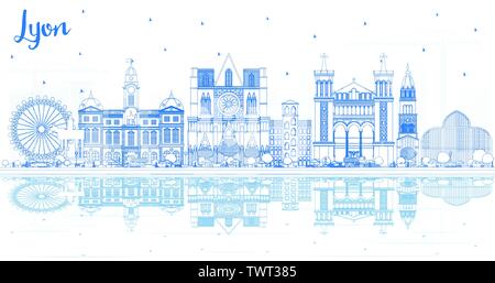 Outline Lyon France City Skyline with Blue Buildings and Reflections. Vector Illustration. Stock Vector