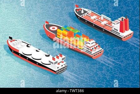 Isometric Cargo Ship Container, LNG Carrier Ship and Oil Tanker. Vector Illustration. Shipping Freight Transportation. Stock Vector