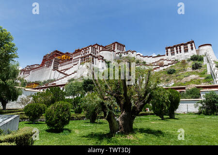 Panorama view on Potala Palace with bushes and trees in the foreground. Stock Photo