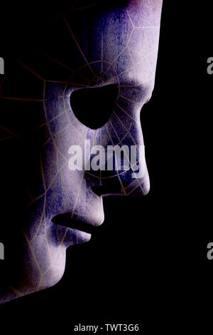 Robot face mask side view close up with textured skin and blank eyes. Black background and space for text. Artificial intelligence concept in a human Stock Photo
