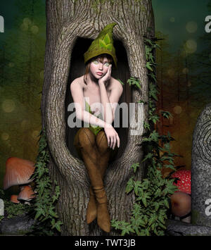 Thoughtful elf sitting in a tree trunk Stock Photo