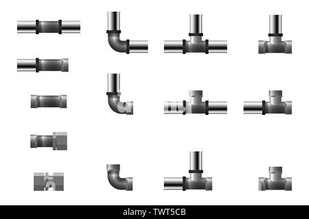 Fittings for steel and plastic pipes. Vector illustration. Set of tee, angle and connector. Stock Vector