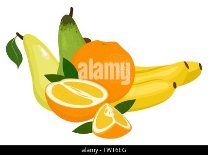 Oranges, pear and bananas. Vector illustration on a white background Stock Vector