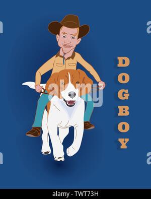Dogboy, a man riding beagle dog on blue background with text. vector illustration. Stock Vector